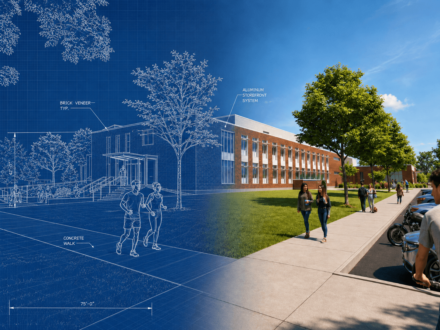 Architectural CAD blueprint transitioning to completed commercial building